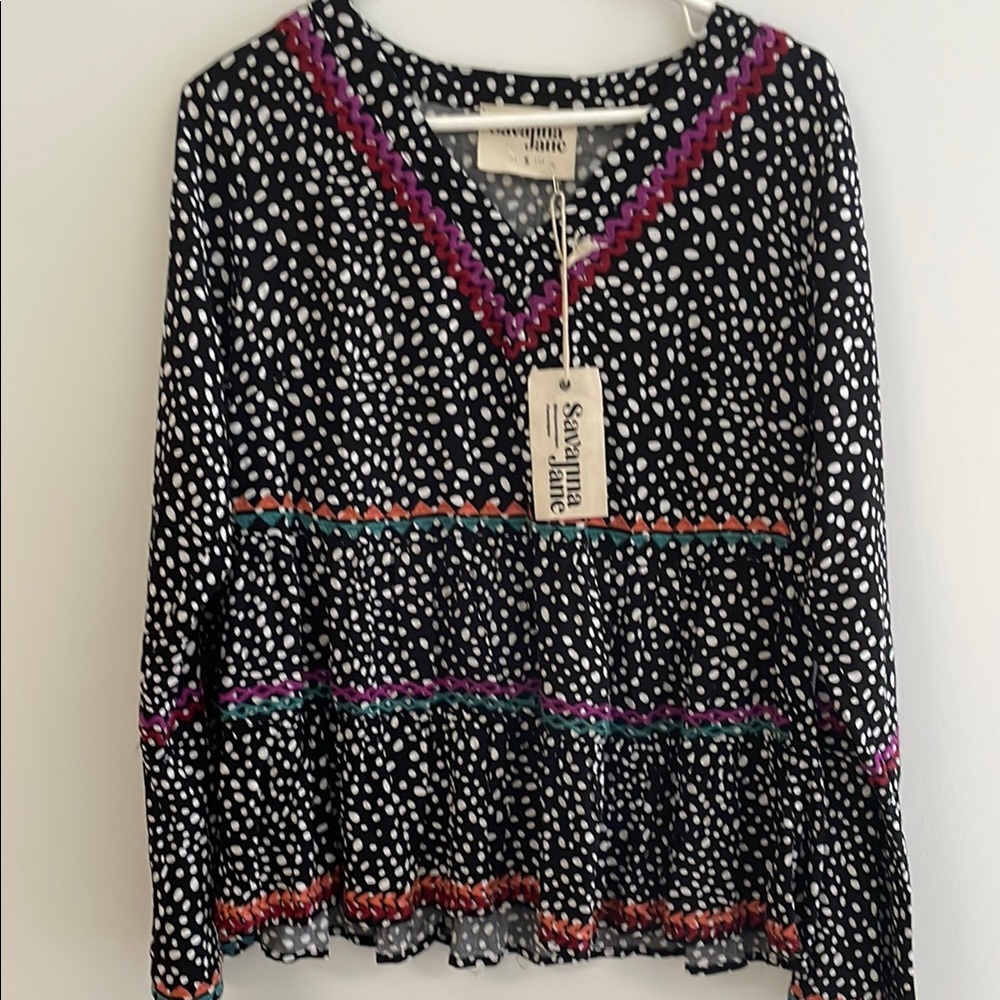 Savanna Jane Black and White Blouse with Vibrant Accents